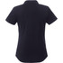 A black women's polo shirt with a classic collar and short sleeves, featuring a logo on the back.