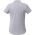 A grey women's short sleeve polo shirt with a collar, featuring a logo on the back.