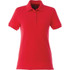 A red women's polo shirt with short sleeves and a logo on the collar.