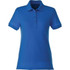 A women's short sleeve polo shirt in a vibrant blue colour with a collar and three-button placket, featuring a logo.