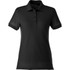 A black women's short sleeve polo shirt featuring a collar and a button placket, with a logo.