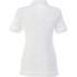 A white women's polo shirt featuring short sleeves and a classic collar, displaying a logo on the back.