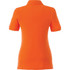 A women's short sleeve polo shirt in bright orange with a fitted design and a collar, featuring a logo.