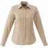 A women's button-up shirt in beige with long sleeves and a fitted design, featuring a collar and front buttons.