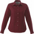 A burgundy long sleeve women's button-up shirt with a classic collar and buttons down the front. Features branding.