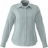A women's button-up shirt in a soft green colour, featuring long sleeves and a classic collar. It has a logo on it.