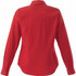 A red women's long sleeve button-up shirt with a collar and cuffs, featuring a brand logo.