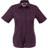 A short sleeve women's button-up shirt in a deep purple shade, featuring a collar and a logo.