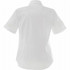 A white women's button-up shirt with short sleeves and a collar, featuring a back view design.