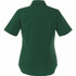 A women's button-up shirt in dark green with short sleeves and a collared neckline, featuring a logo.