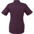 A women's short sleeve button-up shirt in a deep purple colour, featuring a back yoke and collar, with a logo.