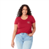 A red women's short sleeve tee with a rounded neckline and a logo on the front, paired with light blue jeans.