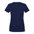 A women's short sleeve tee in navy blue with a fitted style and a logo on the back.