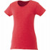 A red short sleeve women's T-shirt with a scoop neckline and a fitted silhouette. It features a logo.