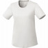 A women's short sleeve tech tee in white, featuring a round neckline and a branding logo.