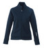 A women's knit jacket in navy blue with a zip front and a logo on the sleeve. Features long sleeves and a stand collar.