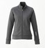 A women's jacket in dark grey featuring a zip front. The design includes a standing collar and a logo.