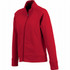 A red women's knit jacket with a zip front and two side pockets, featuring a high collar and long sleeves.