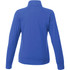 A women's knit jacket in vibrant blue, featuring a high collar and long sleeves, with a logo on the back.