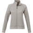 A women's knit jacket in light grey with a zip-up front and a stand-up collar. Features include long sleeves and a logo.