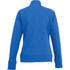 A women's blue knit jacket with a high collar and long sleeves, featuring a logo on the back.