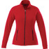 A red women's polyfleece jacket featuring a zip front and two side pockets, with a logo on the chest.