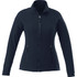 A women's navy polyfleece jacket with a zip front, featuring two side pockets and a logo on the chest.