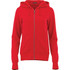 A red fleece zip hoody for women, featuring a front zipper and a hood, with a logo on the garment.