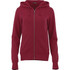 A women's zip-up hoodie in a deep red colour, featuring a hood and pockets, with a branding logo.