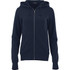 A women's navy fleece zip hoodie featuring a front zip, kangaroo pockets, and a hood. Includes a logo.