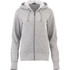 A women's grey fleece zip hoodie featuring a hood, front pockets, and a logo.