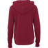 A women's hoodie in a deep red colour, featuring a hood and long sleeves. It has a logo on the back.