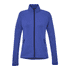 A blue eco knit jacket for women with a zip front and two side pockets, featuring a logo.