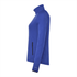 A blue women's jacket with a zippered pocket and a high collar, featuring a logo on the sleeve.