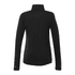 A black women's knit jacket with a high collar and long sleeves, featuring a logo on the side.