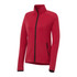 A red women's jacket with a zip front, high collar, and two side pockets. Features a logo on the sleeve.