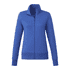 A women's full zip polar fleece jacket in blue with a high collar and long sleeves, featuring a logo.