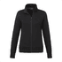 A women's black polar fleece full zip jacket with a high collar and side pockets, featuring a logo.