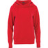 A red women's fleece hoody featuring a front pocket and an adjustable hood. The design includes a logo.