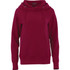 A red fleece hoody featuring a front pocket and a drawstring hood, designed for women. It has a brand logo.