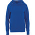 A women's blue fleece hoody featuring a hood, a kangaroo pocket, and a branding logo.