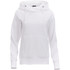 A white women's hoodie with a front pocket, drawstrings, and a hood, featuring a branded logo.