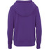 A women's purple fleece hoodie with a hood and ribbed cuffs. Features a logo on the back.