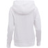 A white women's fleece hoodie with a large hood and a simple design, featuring a logo on the back.