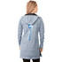 A women's hooded jumper in blue, featuring a logo on the back and a long fit.