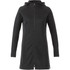 A women's black zip-up hoody with a hood and two side zip pockets, featuring a branding logo.