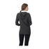 A women's jacket in dark grey with a hood, featuring a logo on the sleeve.