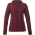 A women's knit jacket in burgundy with a hood, featuring zippered pockets and a branding logo.