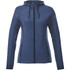 A women's jacket in navy blue, featuring a zip front, hood, and pockets, with a logo in the design.