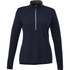 A navy women's half zip jacket featuring long sleeves and a zippered front, with a branding logo on the garment.
